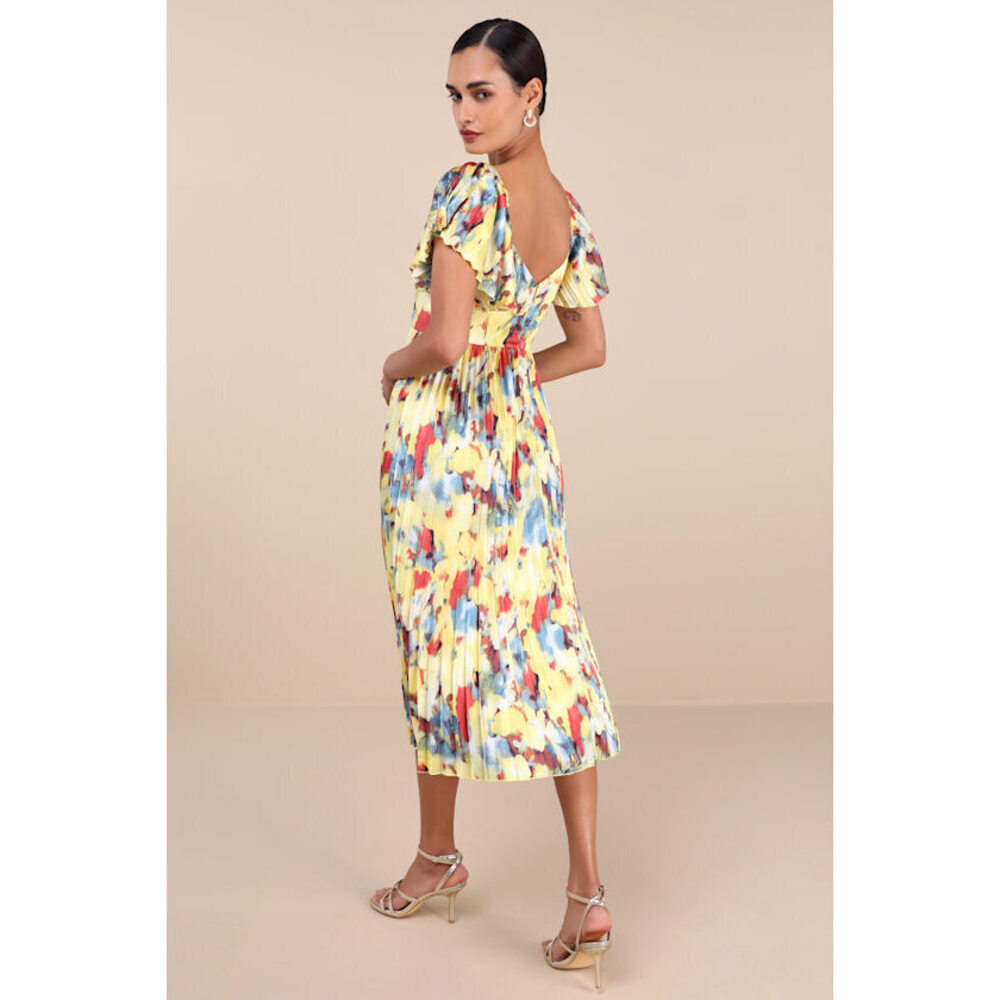 Lulus Authentically Yours Yellow Multi Abstract Print Satin Midi Dress - Size L